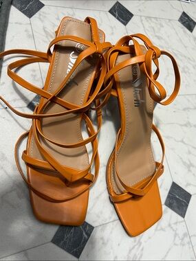 SHEIN Orange Strappy Lace-Up Square-Toe Heels